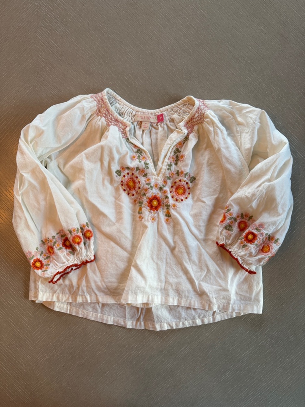 Pink Chicken White Blouse with Pink & Orange Floral Embroidery